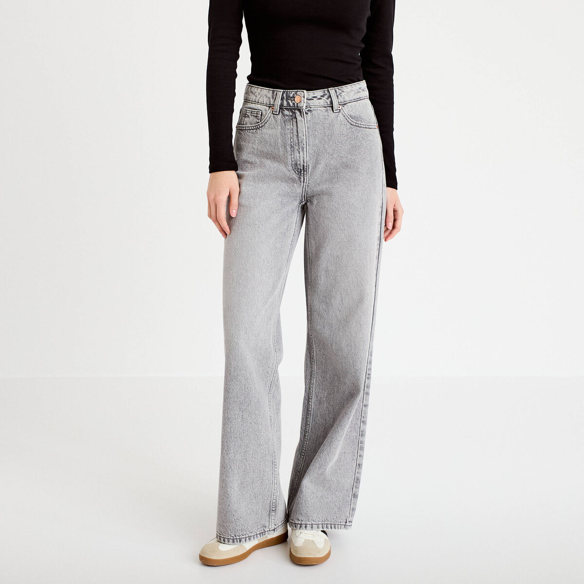 Jeans wide leg taille haute denim gris femme