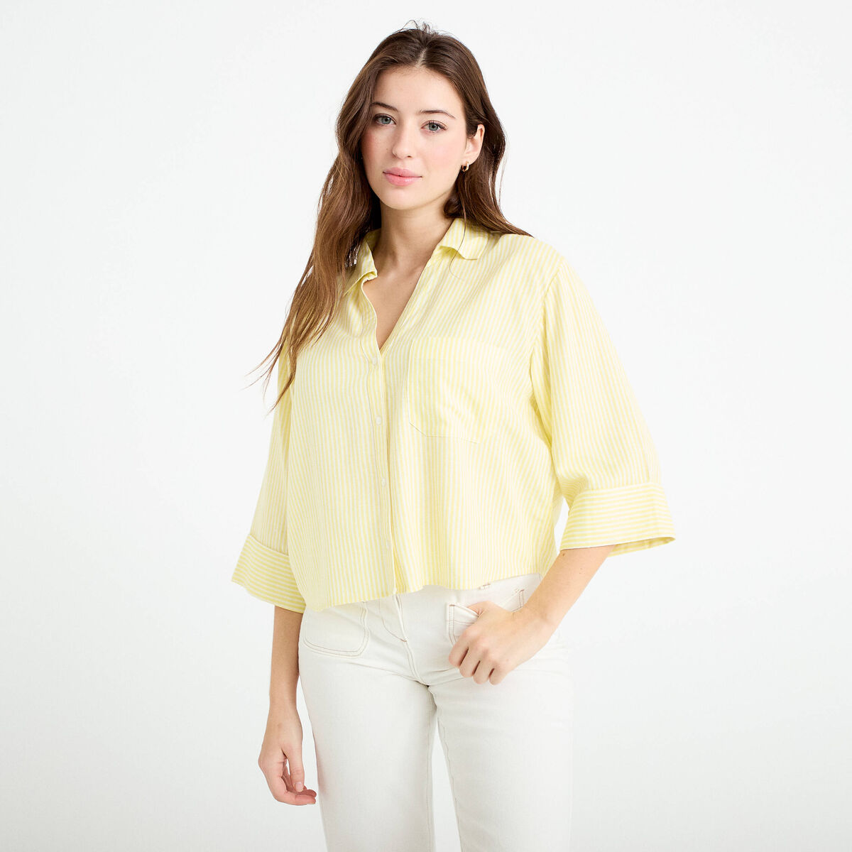 Chemise col classique manches 3/4 jaune clair femme