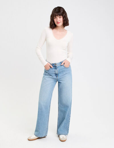 T-shirt thermique col en V plumetis ecru femme