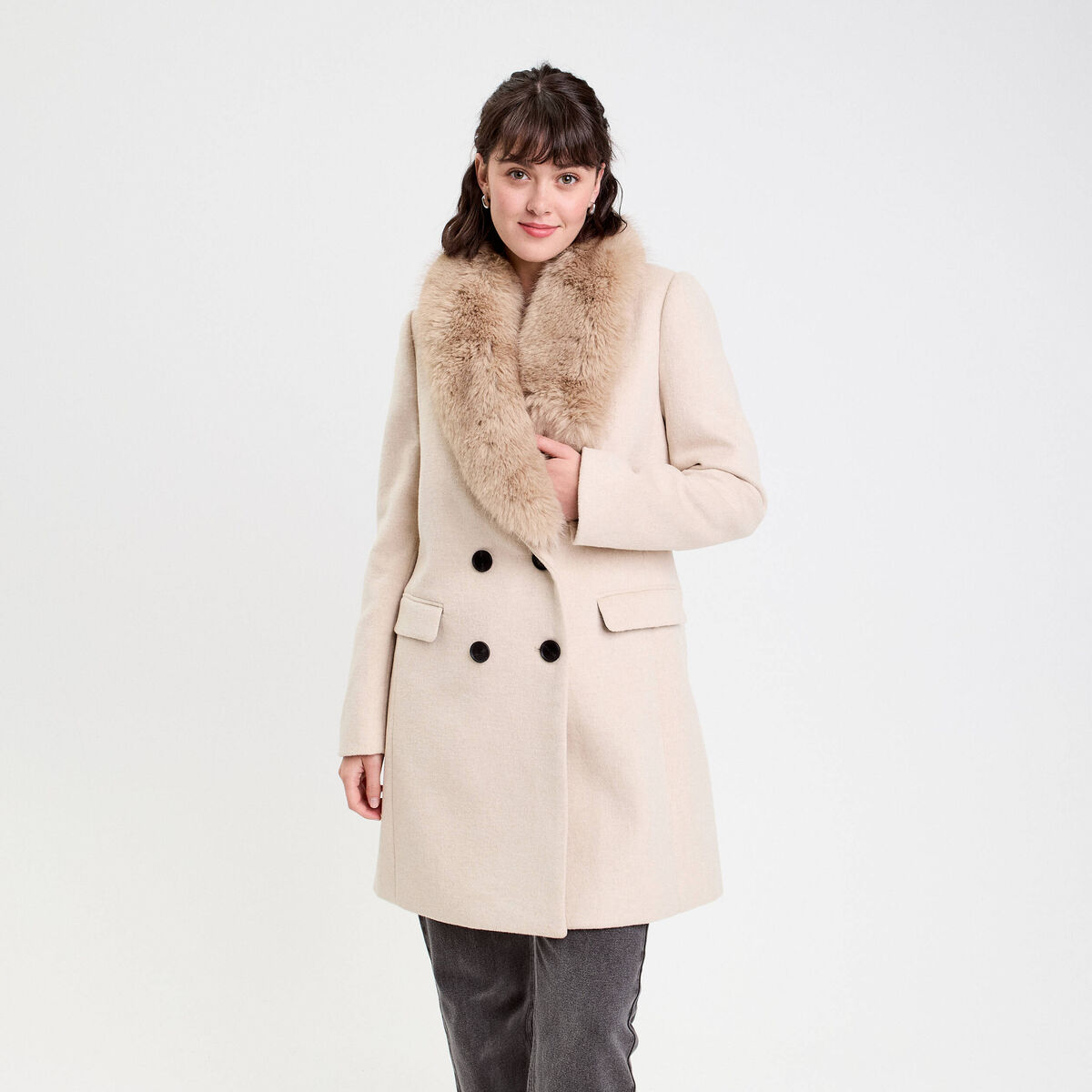Manteau col fausse fourrure beige femme