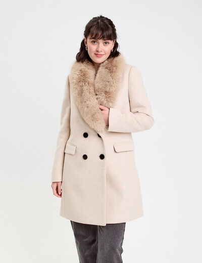 Manteau col fausse fourrure beige femme