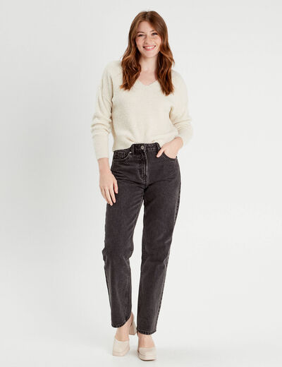 Pull manches longues col en V ecru femme