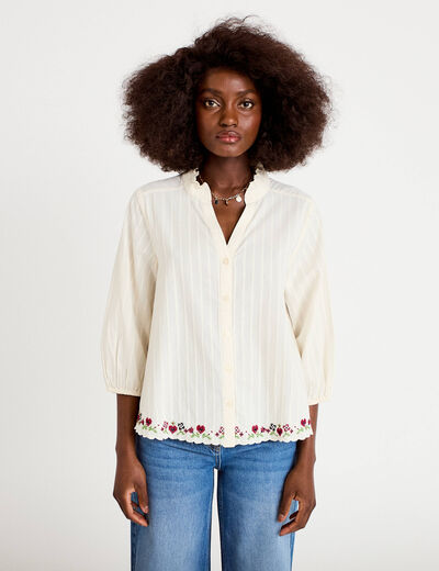 Blouse broderie col v manches 3/4 ecru femme