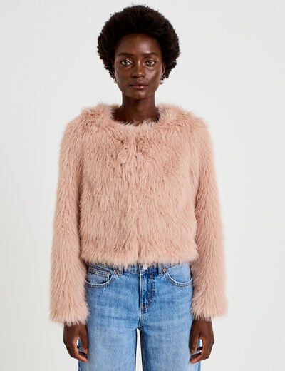 Veste droite fausse fourrure col rond rose poudr&eacute;e femme
