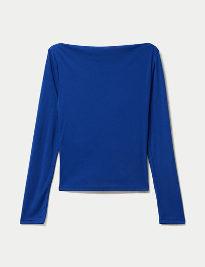 T-shirt col b&eacute;nitier manches longues bleu electrique femme