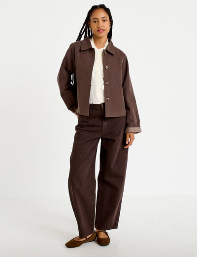Veste courte boutonn&eacute;e doublure vichy marron fonc&eacute; femme