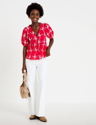 Blouse col v manches courtes brod&eacute;e rouge femme