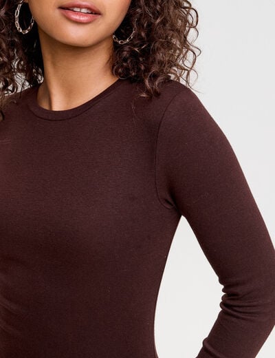 T-shirt cintr&eacute; col rond manches longues marron fonc&eacute; femme