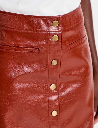 Jupe trap&egrave;ze courte en similicuir marron cognac femme