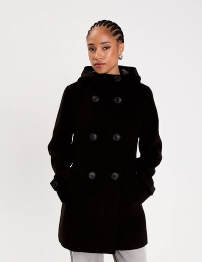 Manteau ajust&eacute; 3/4 &agrave; capuche noir femme