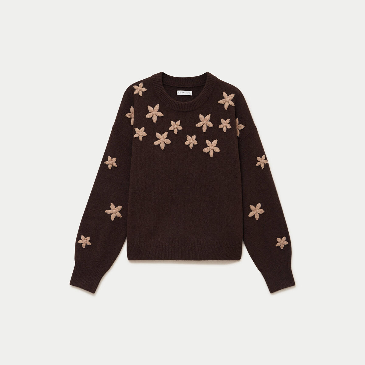 Pull oversize brod&eacute; manches longues marron fonc&eacute; femme