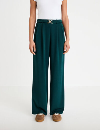 Pantalon large ceinture bijou vert fonc&eacute; femme