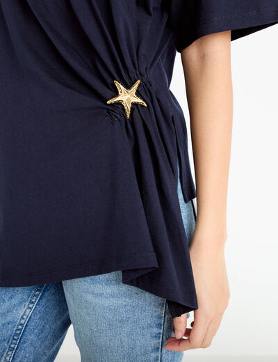 T-shirt &agrave; fronces avec bijou bleu marine femme