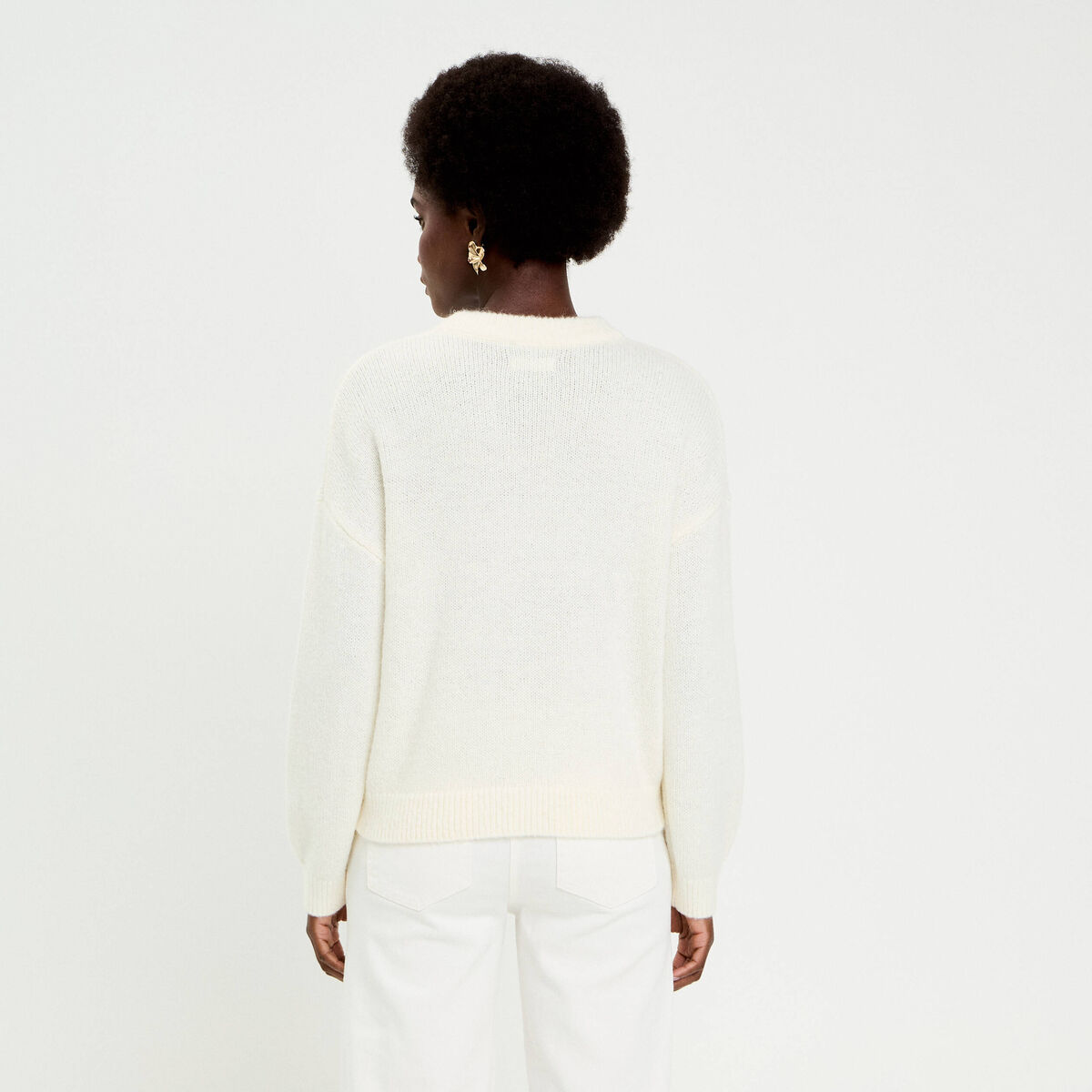 Pull brod&eacute; manches longues ecru femme