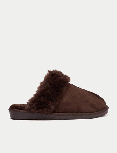 Chaussons fausse fourrure marron fonc&eacute; femme