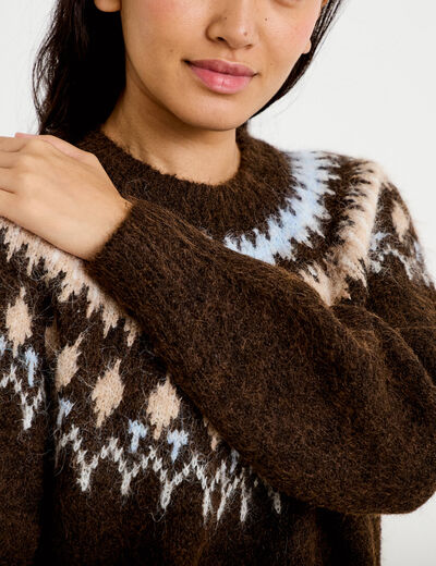 Pull col rond manches longues marron fonc&eacute; femme