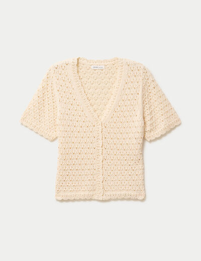 Gilet ajour&eacute; col v manches courtes ecru femme