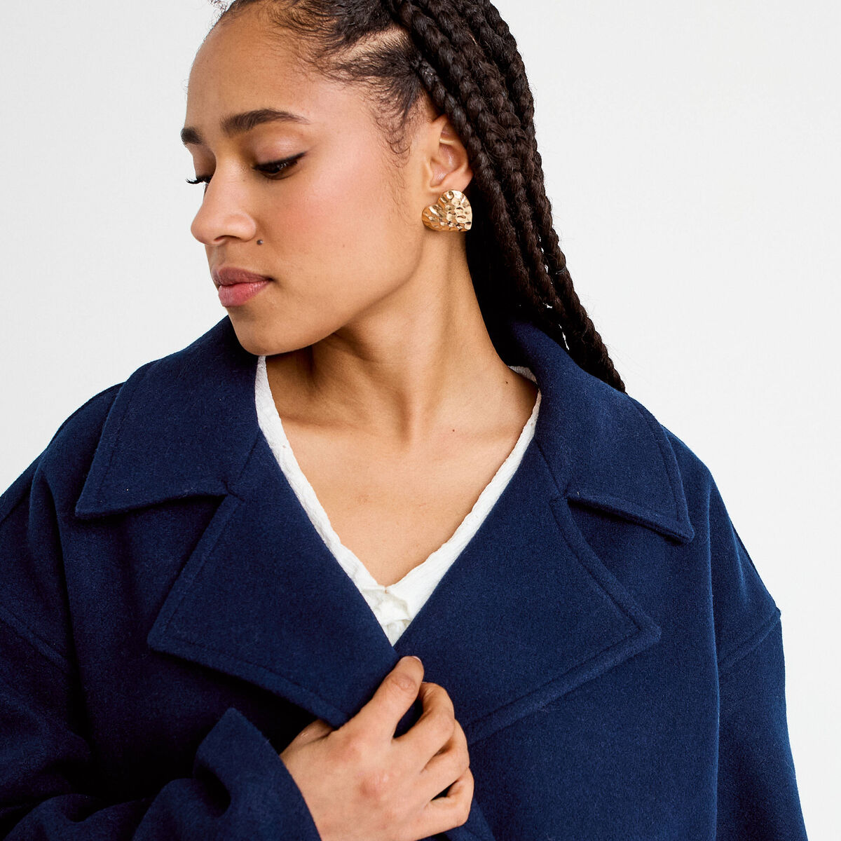 Caban court oversize col tailleur bleu marine femme