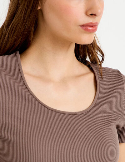 Crop top sans couture col rond marron clair femme