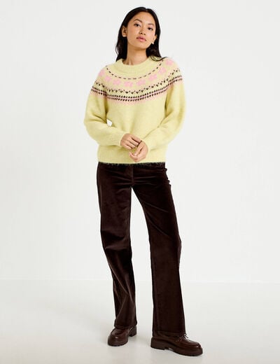 Pull col rond manches longues jaune clair femme