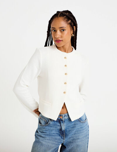 Gilet tweed droit cropped col rond ecru femme