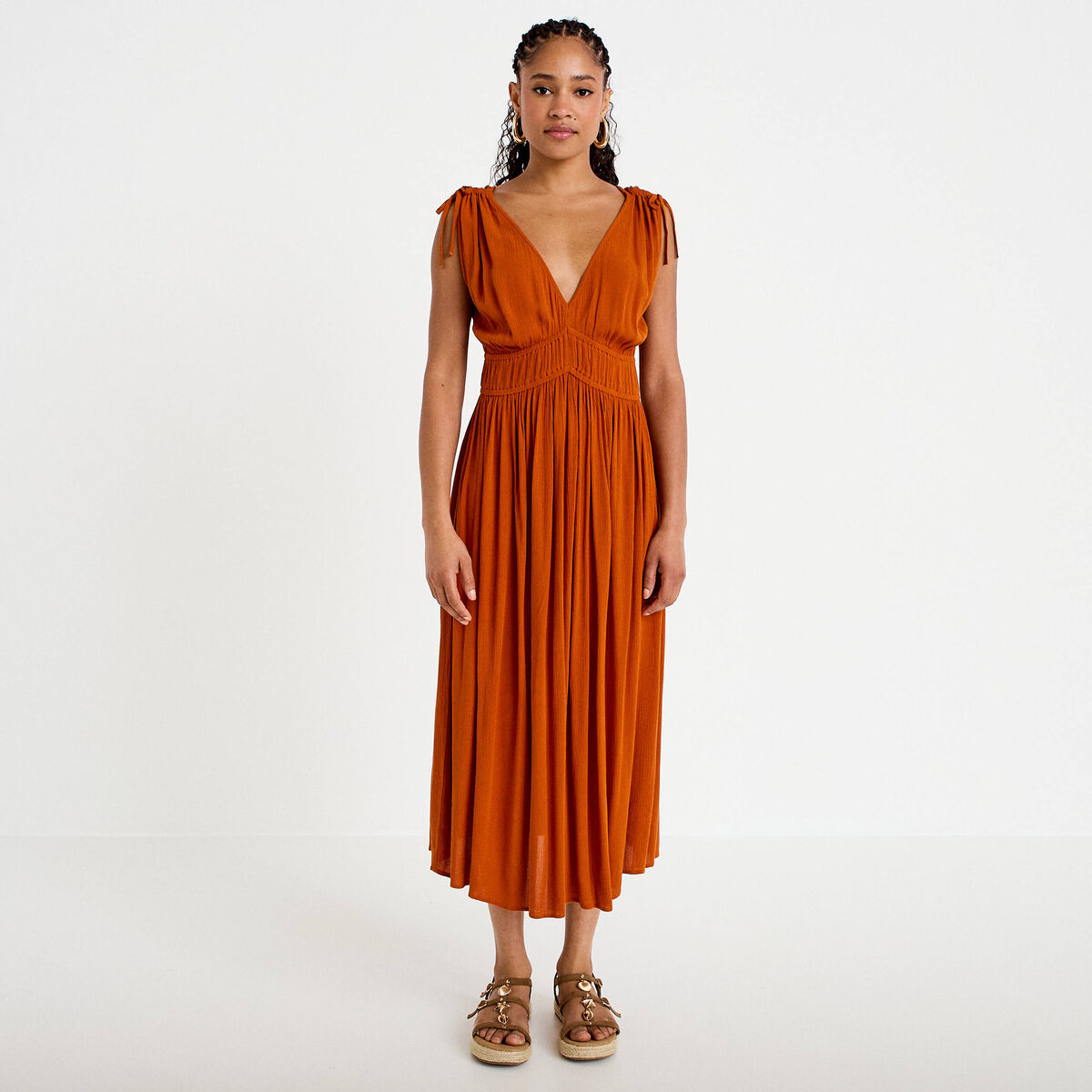 Robe midi &eacute;vas&eacute;e d&eacute;collet&eacute; sans manches orange fonc&eacute; femme