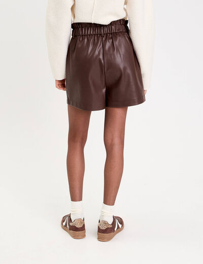 Short regular taille haute similicuir marron fonc&eacute; femme
