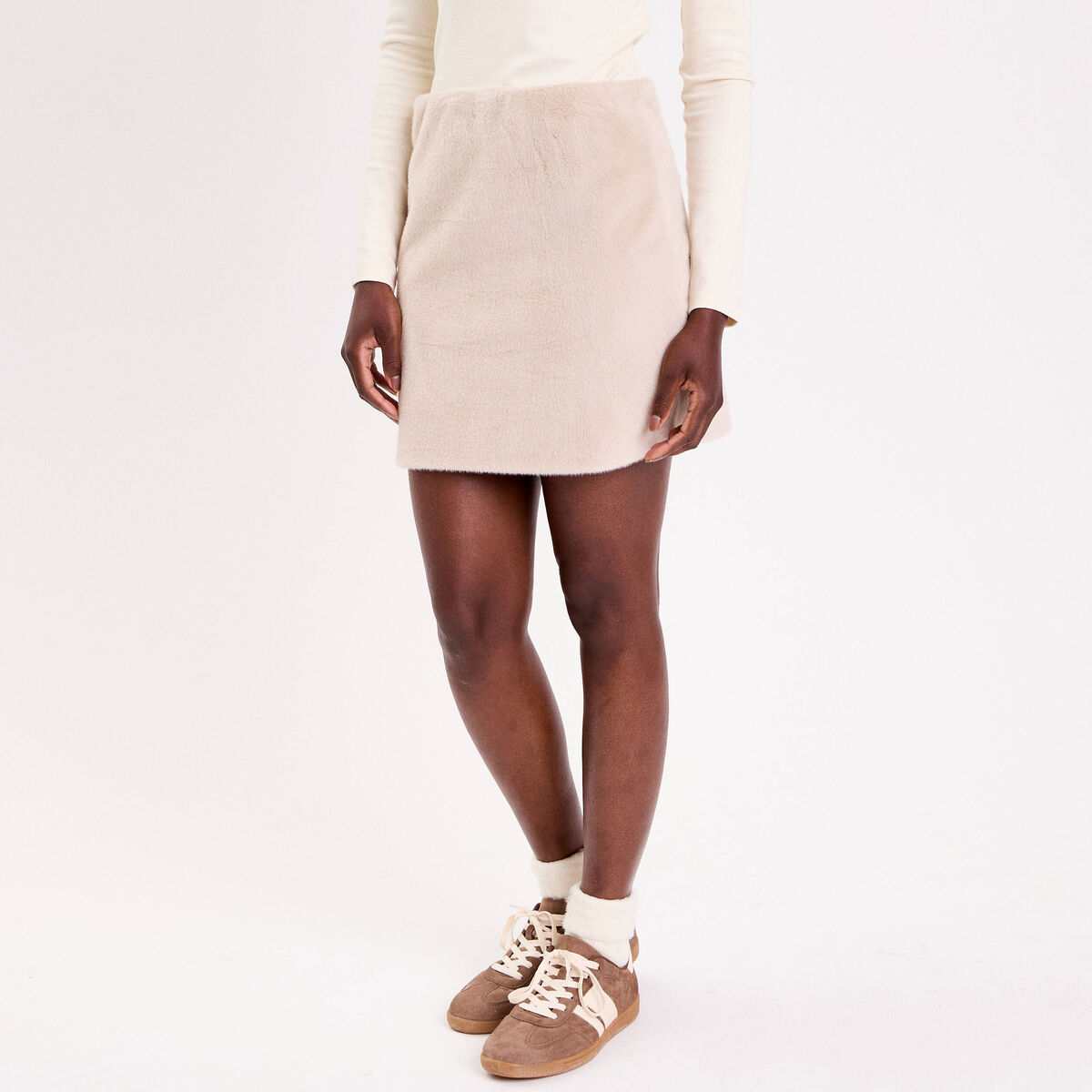 Jupe droite fausse fourrure sable femme