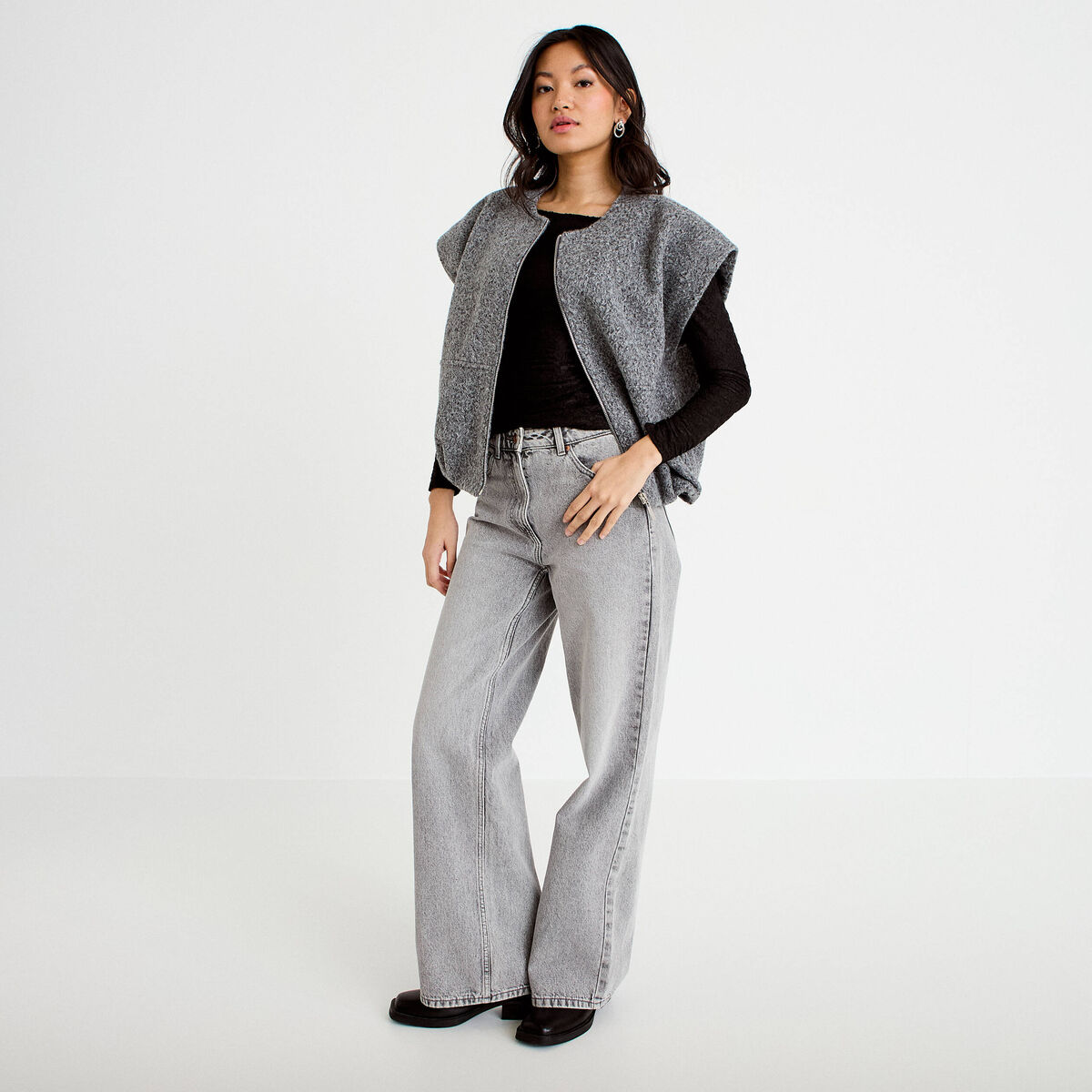 Gilet oversize sans manches col rond gris clair femme