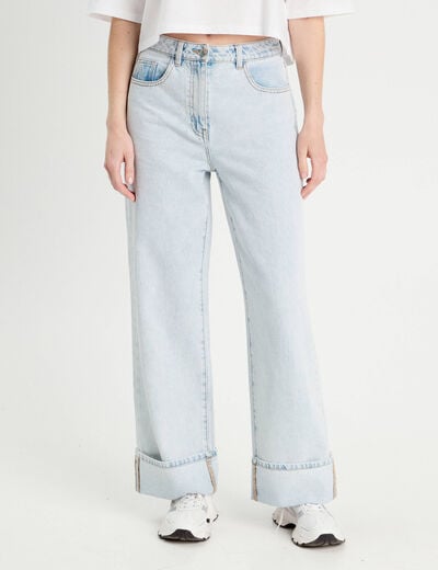 Jeans droit &agrave; revers denim bleach femme