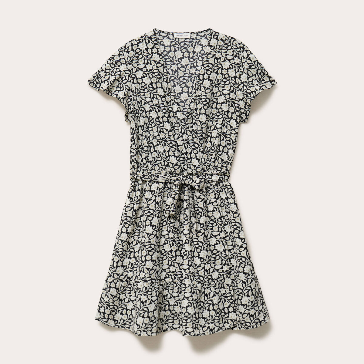 Robe courte &eacute;vas&eacute;e col v manches courtes noir femme