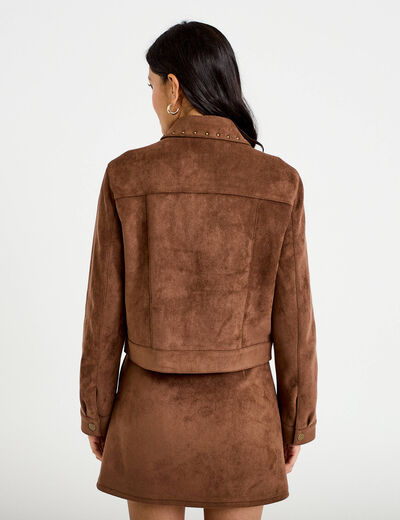 Veste droite cropped col tailleur marron femme