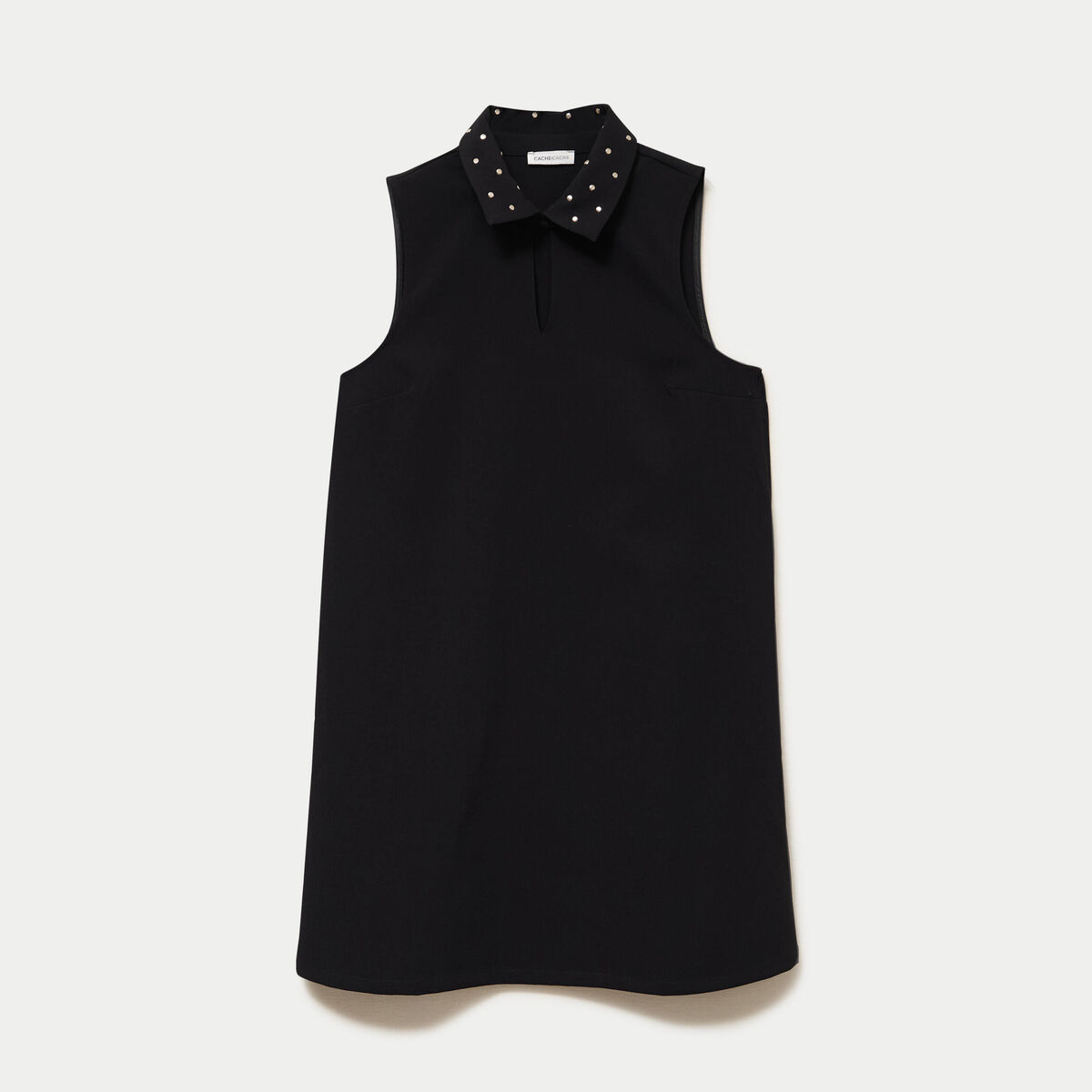 Robe droite courte col chemise clout&eacute;e noir femme