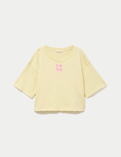 Sweat oversize cropped col rond jaune clair femme