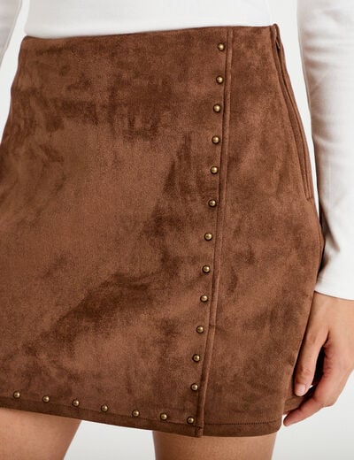Jupe-short trap&egrave;ze taille haute daim marron femme