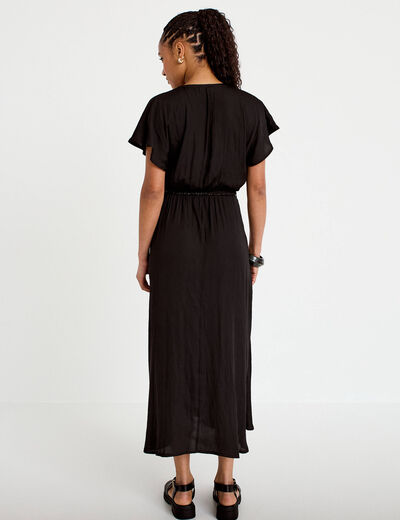 Robe longue &eacute;vas&eacute;e col v satin&eacute;e noir femme