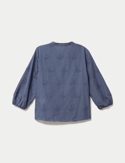 Blouse brod&eacute;e col mao manches 3/4 bleu gris femme
