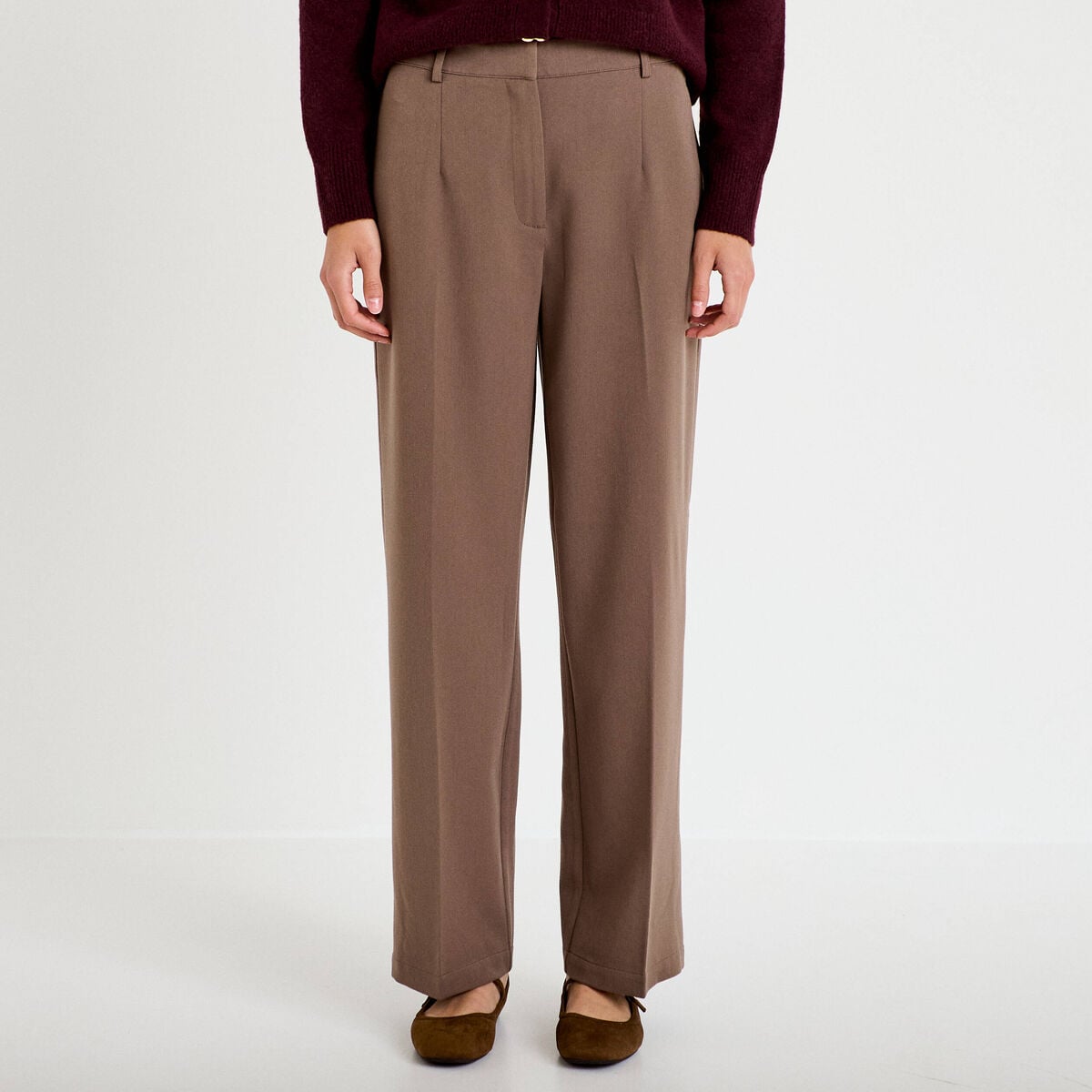 Pantalon large taille haute taupe femme