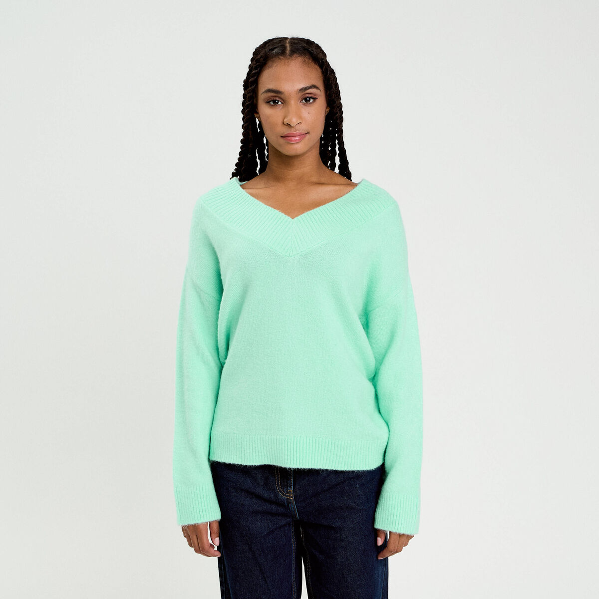 Pull oversize col v manches longues vert menthe femme