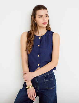 Gilet jean cintr&eacute; cropped sans manches denim brut femme