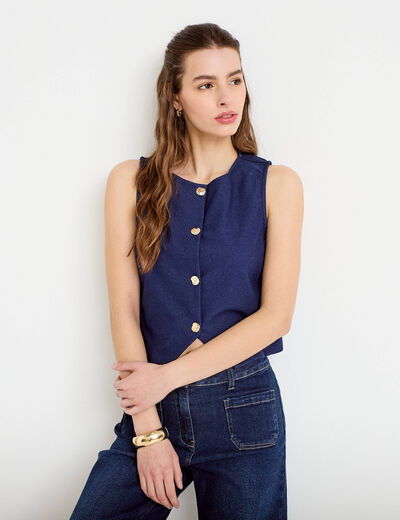 Gilet jean cintr&eacute; cropped sans manches denim brut femme