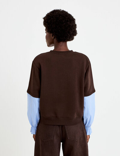 Sweat bi-mati&egrave;re manches longues marron fonc&eacute; femme