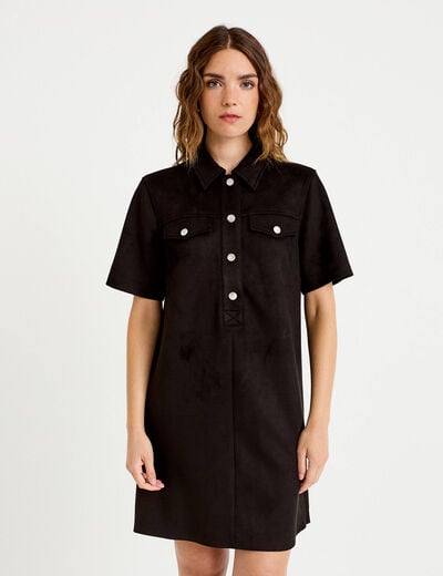 Robe droite 3/4 manches courtes daim noir femme