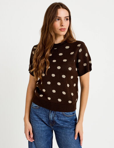 Pull cintr&eacute; col rond manches courtes marron fonc&eacute; femme