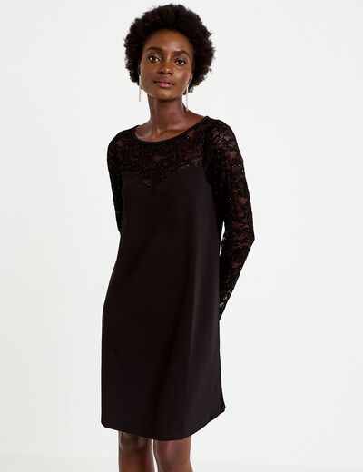 Robe bi-mati&egrave;re courte col rond noir femme