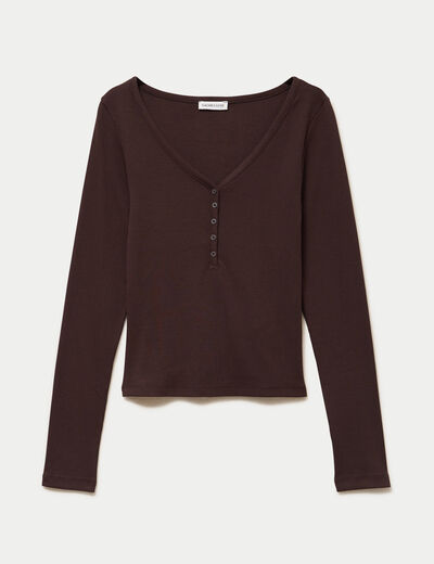 T-shirt c&ocirc;tel&eacute; ajust&eacute; manches longues marron fonc&eacute; femme
