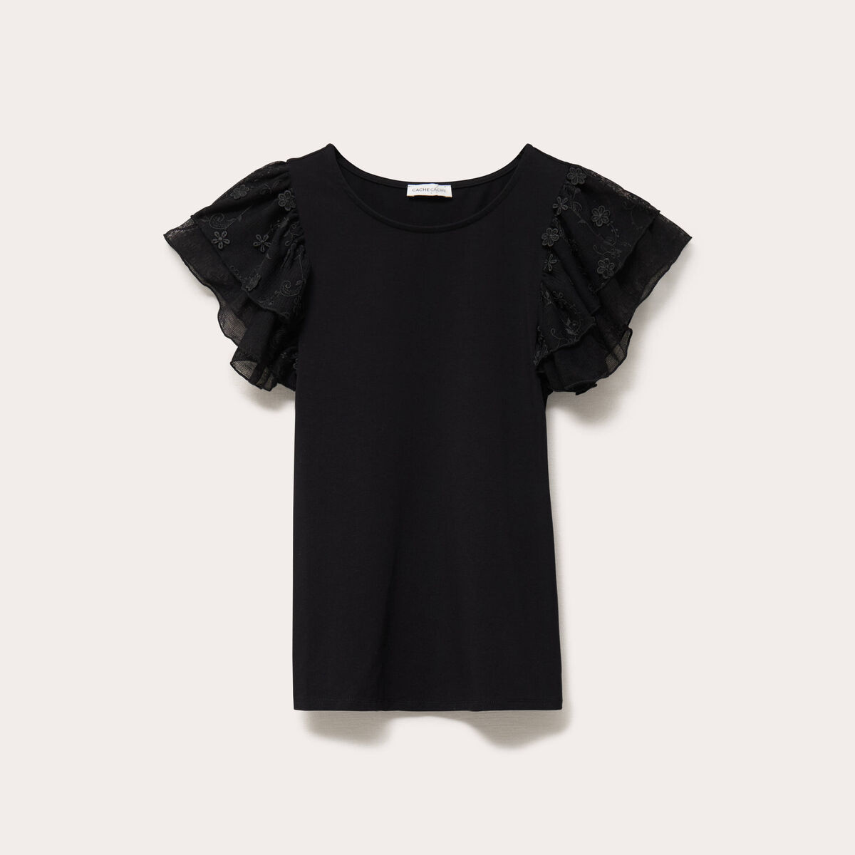 T-shirt ajust&eacute; dentelle col rond noir femme