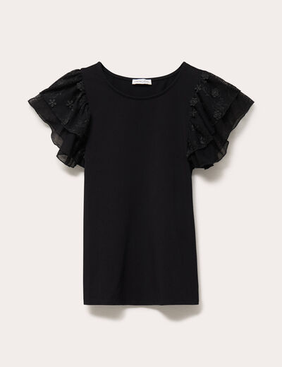 T-shirt ajust&eacute; dentelle col rond noir femme