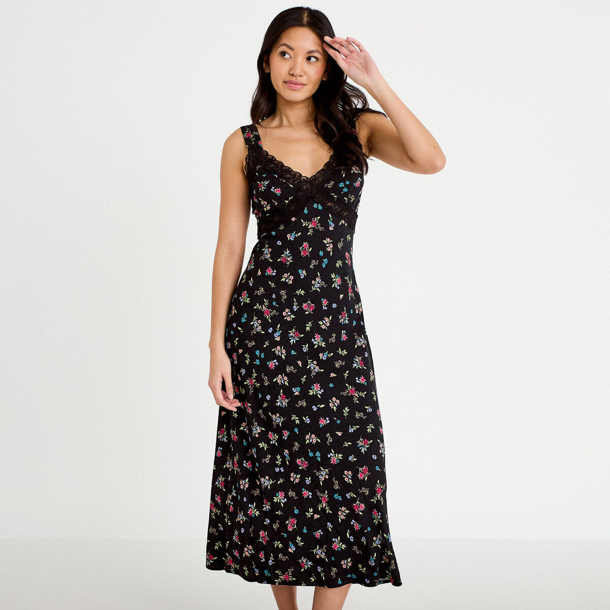 Robe d&eacute;collet&eacute; bretelles aspect dentelle noir femme