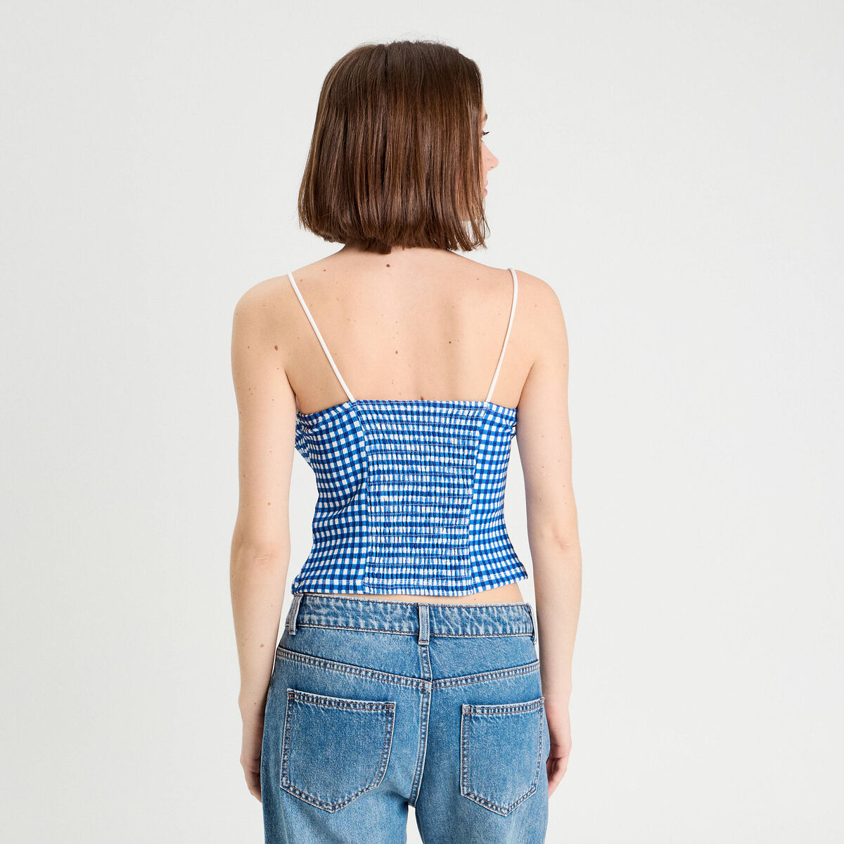D&eacute;bardeur cropped bretelles bleu electrique femme